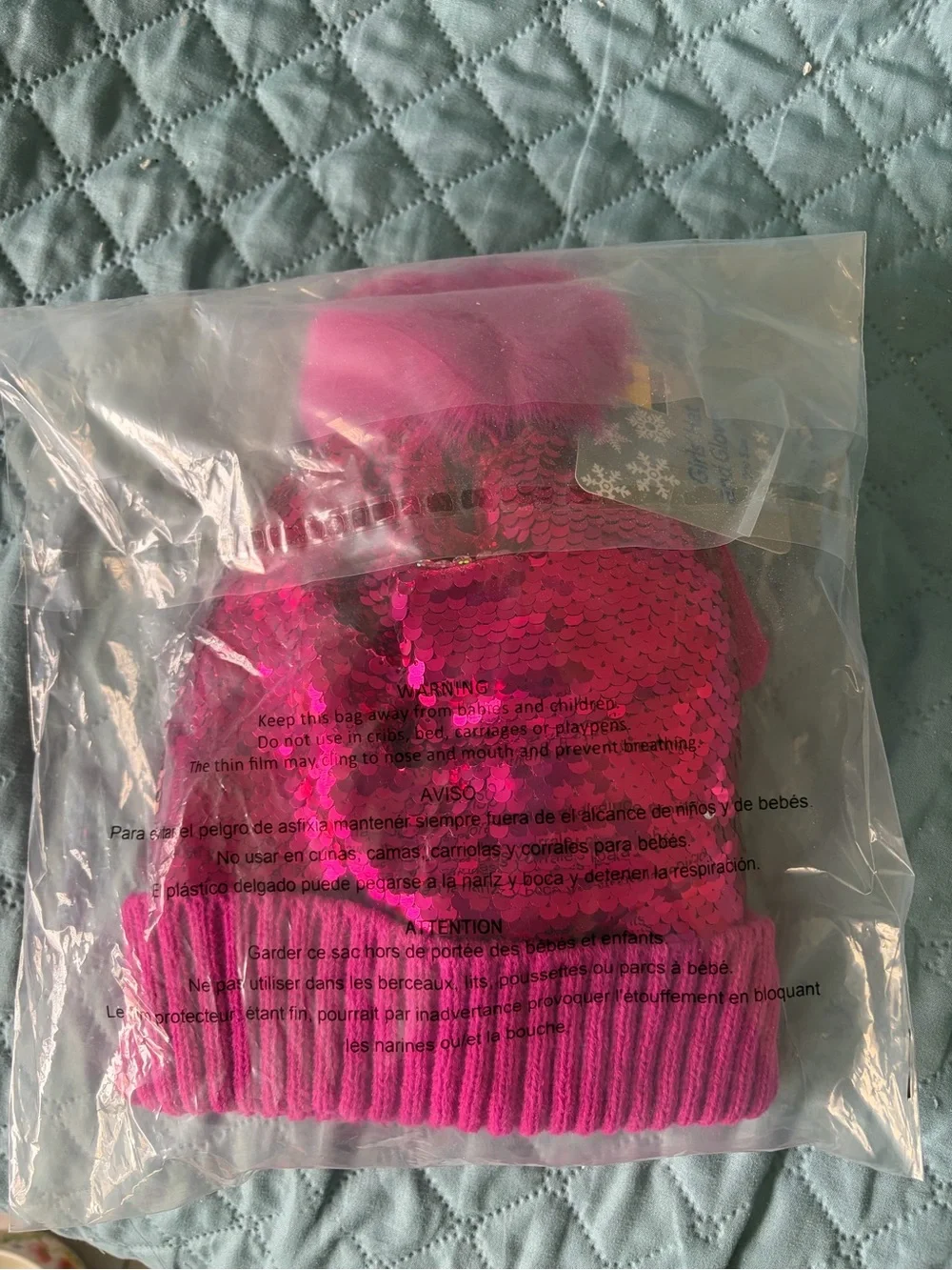 NWT Kids Pink Sequin Pom Pom Beanie and Gloves Set